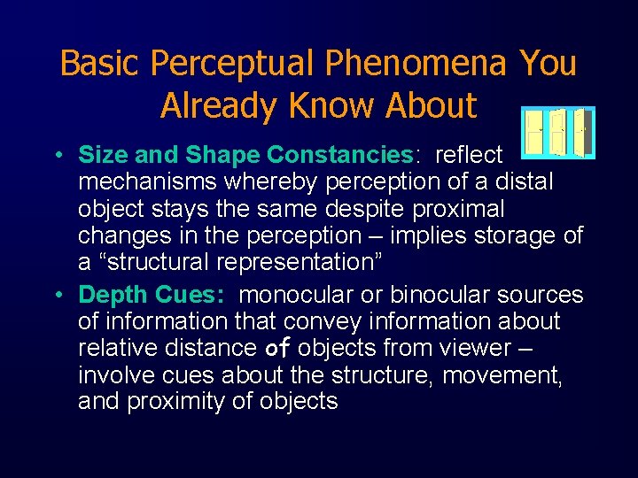 Basic Perceptual Phenomena You Already Know About • Size and Shape Constancies: reflect mechanisms