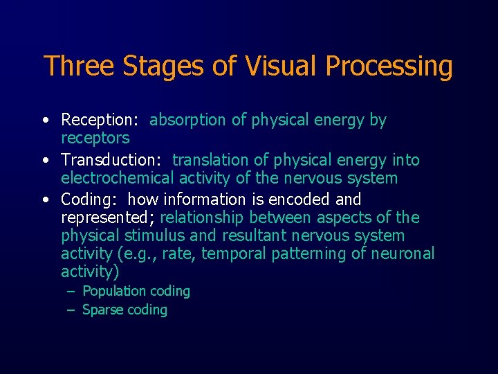 Three Stages of Visual Processing • Reception: absorption of physical energy by receptors •