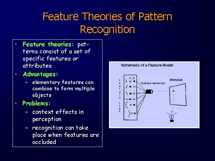 Feature Theories of Pattern Recognition • Feature theories: patterns consist of a set of