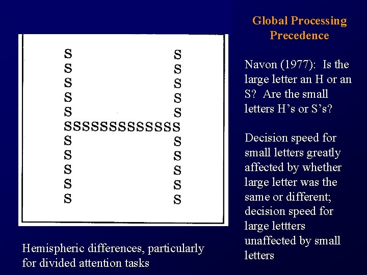 Global Processing Precedence Navon (1977): Is the large letter an H or an S?