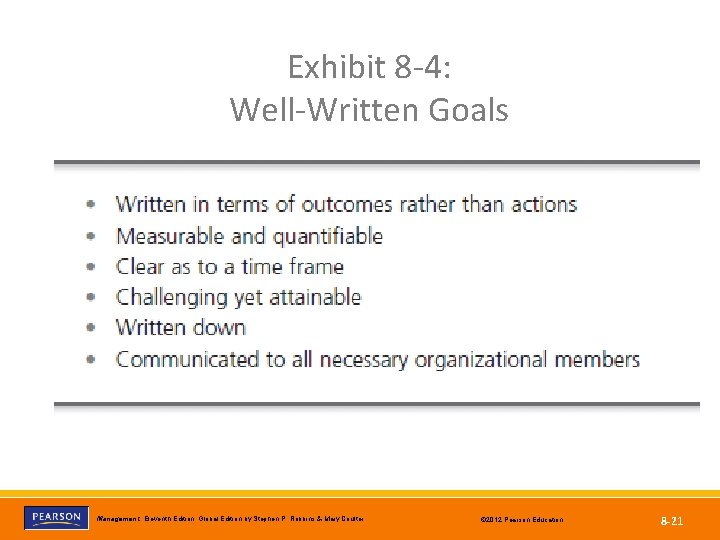 Exhibit 8 -4: Well-Written Goals Copyright © 2012 Pearson Education, Inc. Publishing as Prentice