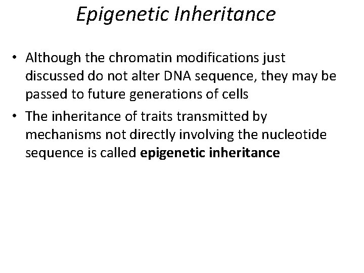 Epigenetic Inheritance • Although the chromatin modifications just discussed do not alter DNA sequence,