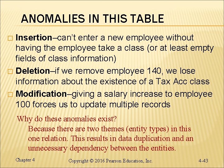 ANOMALIES IN THIS TABLE Insertion–can’t enter a new employee without having the employee take