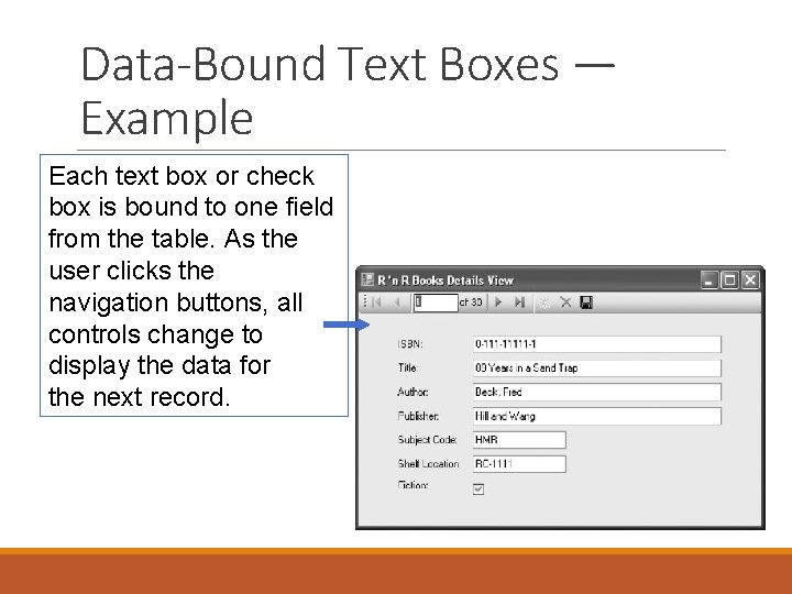 Data-Bound Text Boxes — Example Each text box or check box is bound to