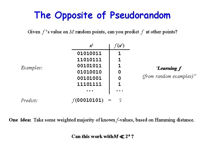 The Opposite of Pseudorandom Given f ’s value on M random points, can you