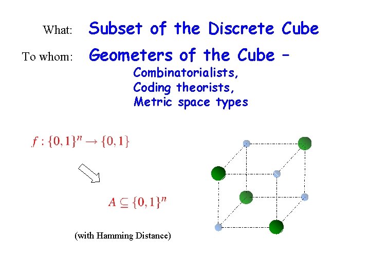 What: To whom: Subset of the Discrete Cube Geometers of the Cube – Combinatorialists,