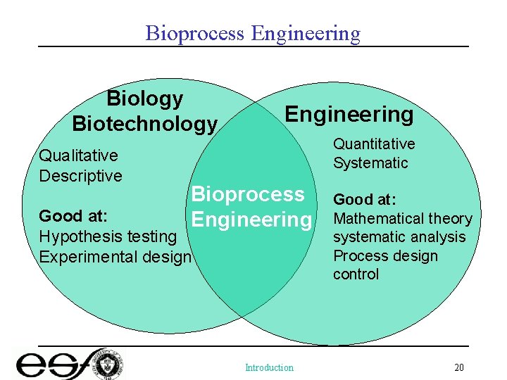 Bioprocess Engineering Biology Biotechnology Qualitative Descriptive Engineering Quantitative Systematic Bioprocess Engineering Good at: Hypothesis
