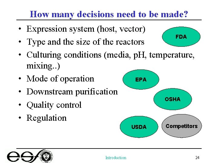 How many decisions need to be made? • Expression system (host, vector) FDA •