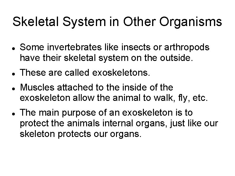 Skeletal System in Other Organisms Some invertebrates like insects or arthropods have their skeletal