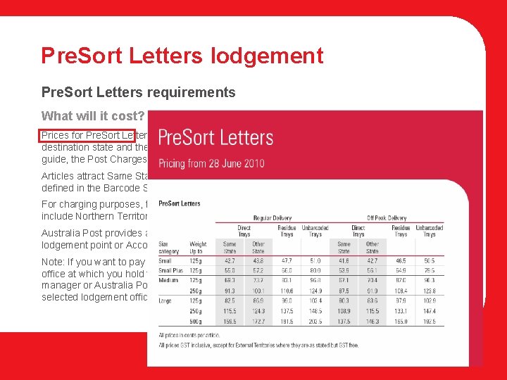 Pre. Sort Letters lodgement Pre. Sort Letters requirements What will it cost? Prices for