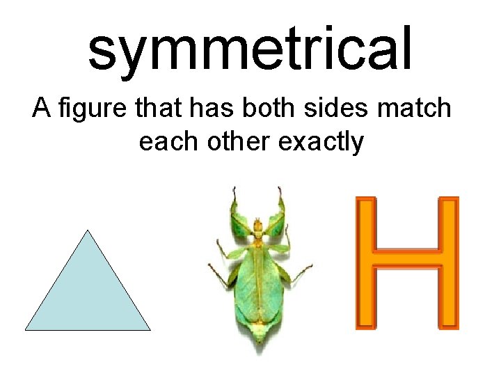 symmetrical A figure that has both sides match each other exactly 