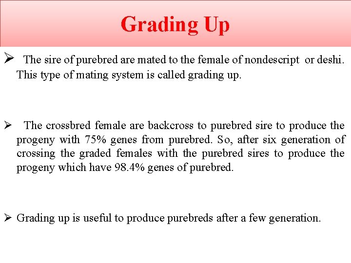 Grading Up Ø The sire of purebred are mated to the female of nondescript
