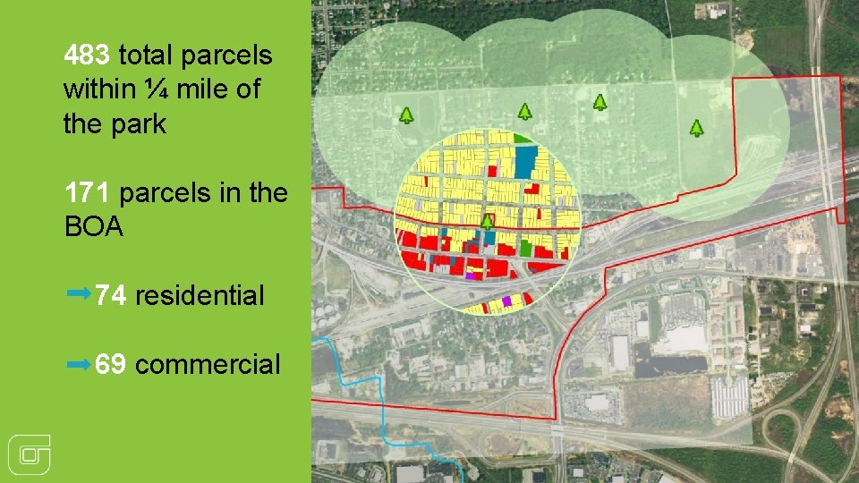 483 total parcels within ¼ mile of the park 171 parcels in the BOA