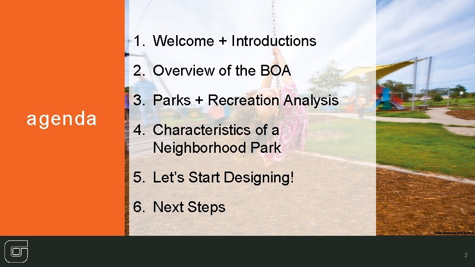 1. Welcome + Introductions 2. Overview of the BOA agenda 3. Parks + Recreation