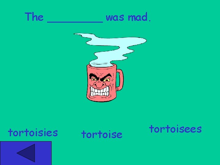 The ____ was mad. tortoisies tortoisees 