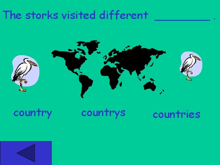 The storks visited different ____. countrys countries 