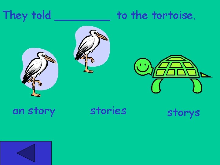 They told ____ to the tortoise. an story stories storys 