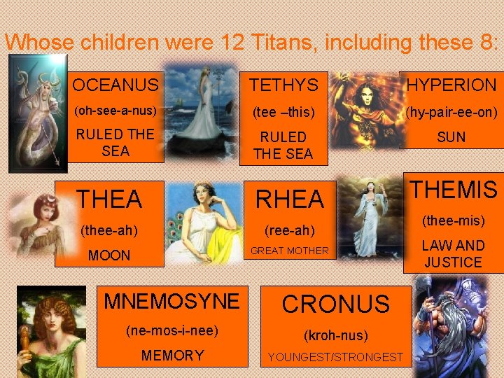 Whose children were 12 Titans, including these 8: OCEANUS TETHYS HYPERION (oh-see-a-nus) (tee –this)