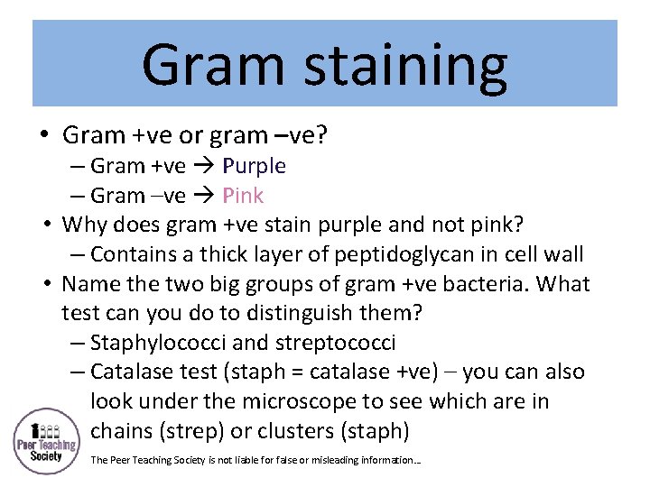 Gram staining • Gram +ve or gram –ve? – Gram +ve Purple – Gram