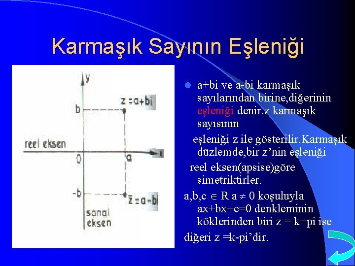 Karmaşık Sayının Eşleniği a+bi ve a-bi karmaşık sayılarından birine, diğerinin eşleniği denir. z karmaşık