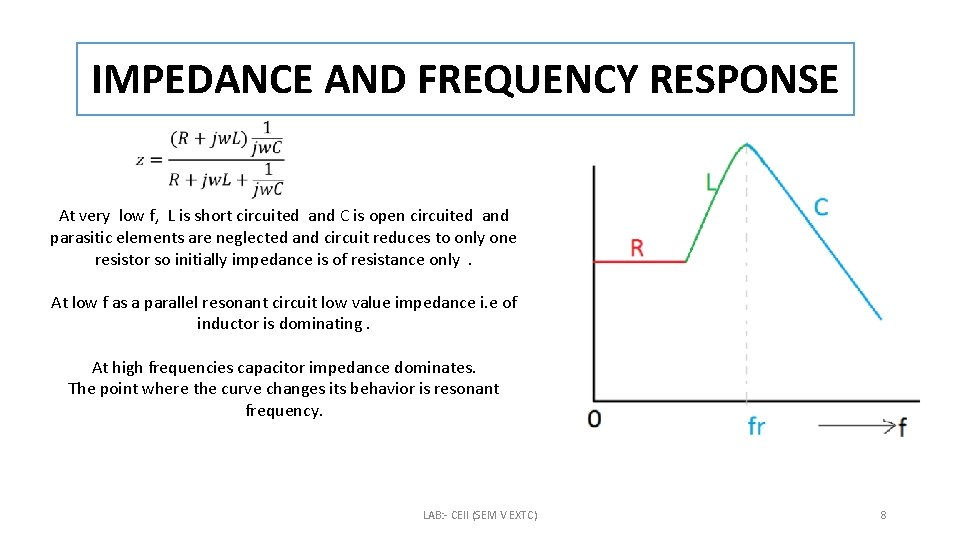 IMPEDANCE AND FREQUENCY RESPONSE At very low f, L is short circuited and C