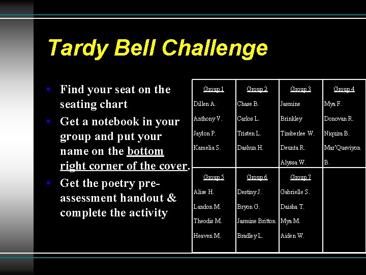 Tardy Bell Challenge Group 1 • Find your seat on the Dillen A. seating