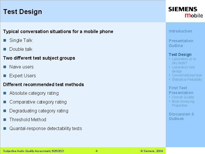 Test Design Typical conversation situations for a mobile phone Introduction n Single Talk Presentation