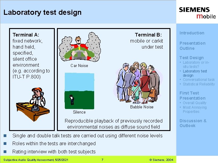 Laboratory test design Terminal A: fixed network, hand held, specified, silent office environment (e.