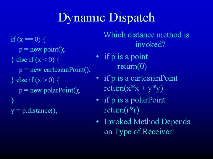 Dynamic Dispatch if (x == 0) { p = new point(); • } else