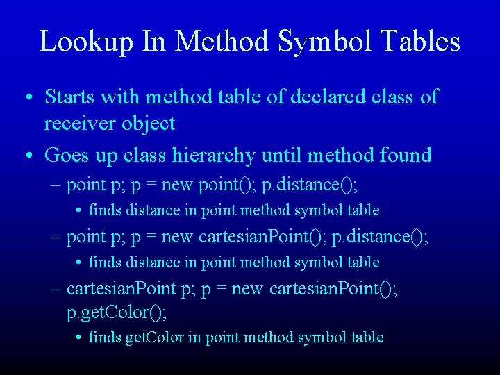 Lookup In Method Symbol Tables • Starts with method table of declared class of