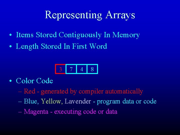 Representing Arrays • Items Stored Contiguously In Memory • Length Stored In First Word