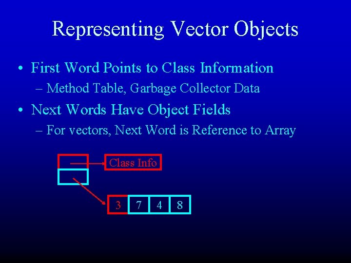 Representing Vector Objects • First Word Points to Class Information – Method Table, Garbage