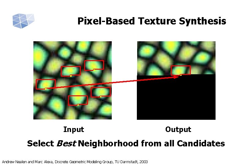 Pixel-Based Texture Synthesis Input Output Select Best Neighborhood from all Candidates Andrew Nealen and