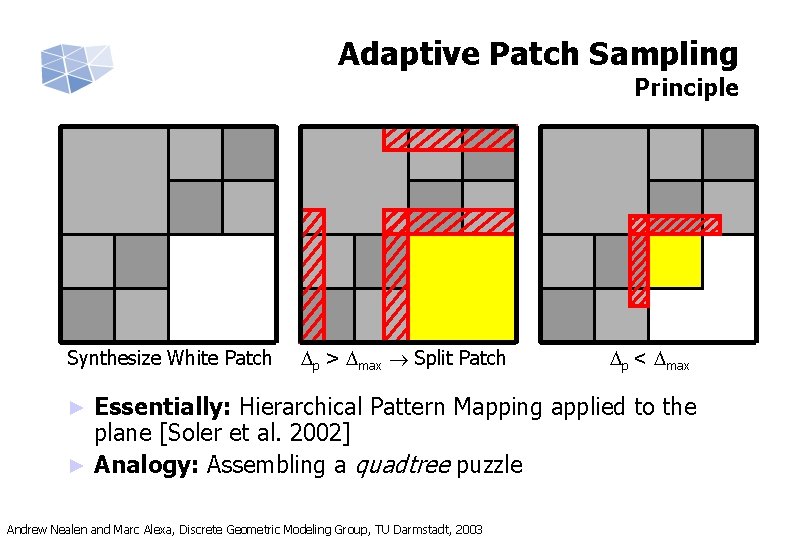 Adaptive Patch Sampling Principle Synthesize White Patch p > max Split Patch p <