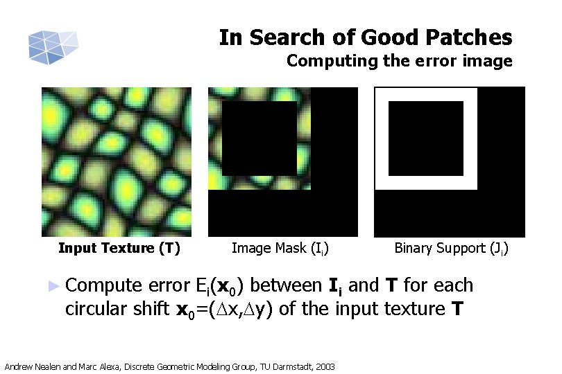 In Search of Good Patches Computing the error image Input Texture (T) Image Mask