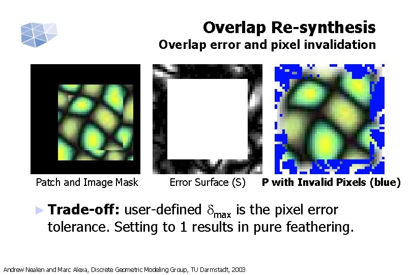 Overlap Re-synthesis Overlap error and pixel invalidation Patch and Image Mask Error Surface (S)