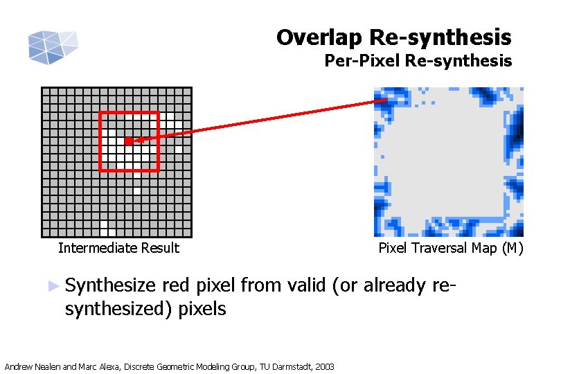Overlap Re-synthesis Per-Pixel Re-synthesis Intermediate Result ► Synthesize Pixel Traversal Map (M) red pixel