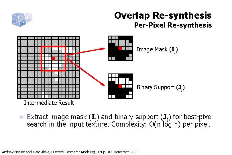 Overlap Re-synthesis Per-Pixel Re-synthesis Image Mask (Ij) Binary Support (Jj) Intermediate Result ► Extract