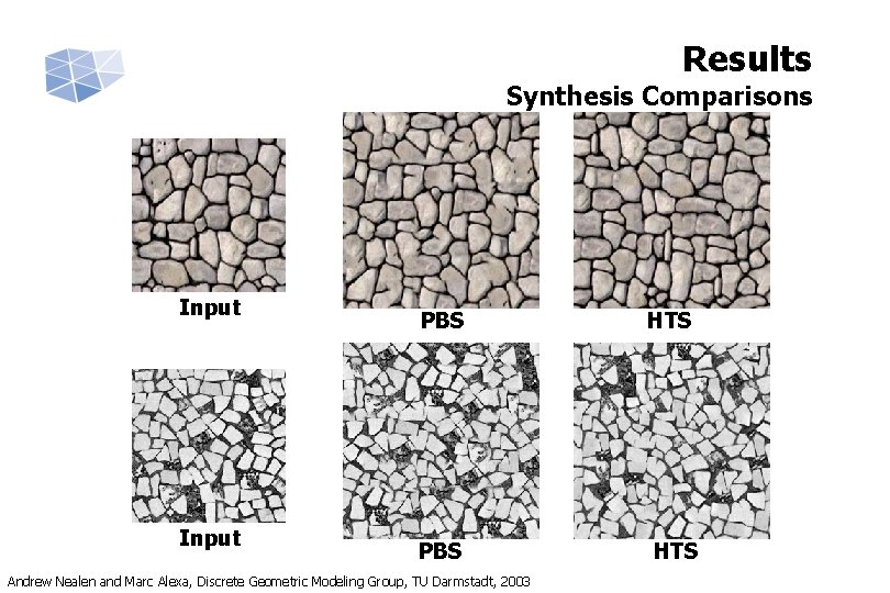 Results Synthesis Comparisons Input PBS HTS Andrew Nealen and Marc Alexa, Discrete Geometric Modeling