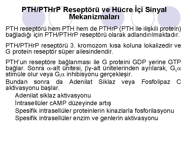 PTH/PTHr. P Reseptörü ve Hücre İçi Sinyal Mekanizmaları PTH reseptörü hem PTH hem de