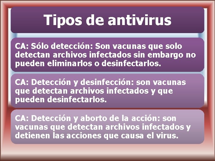 Tipos de antivirus CA: Sólo detección: Son vacunas que solo detectan archivos infectados sin