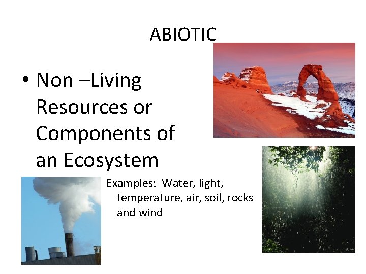 ABIOTIC • Non –Living Resources or Components of an Ecosystem Examples: Water, light, temperature,