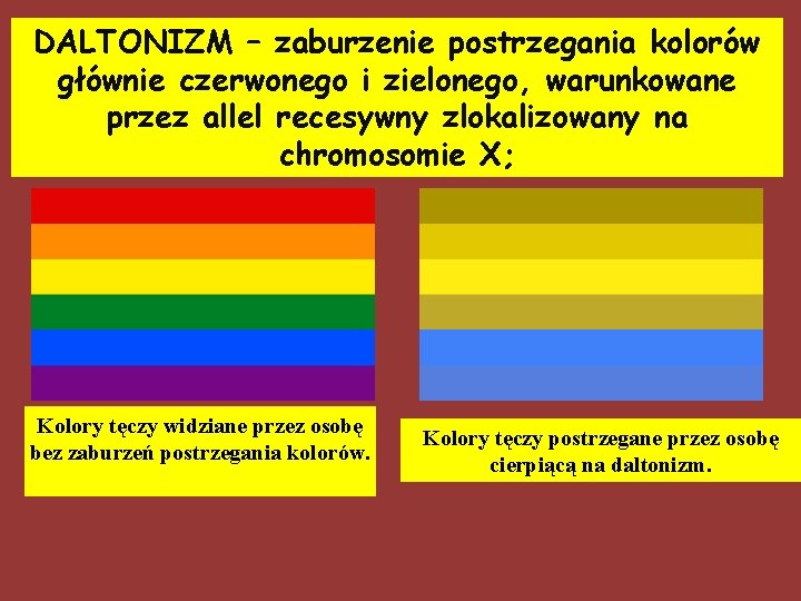 DALTONIZM – zaburzenie postrzegania kolorów głównie czerwonego i zielonego, warunkowane przez allel recesywny zlokalizowany