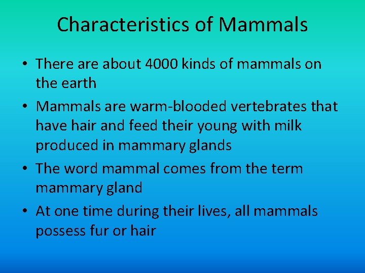 Characteristics of Mammals • There about 4000 kinds of mammals on the earth • Characteristics of Mammals • There about 4000 kinds of mammals on the earth •