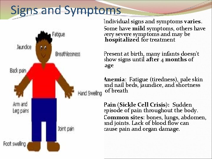 Signs and Symptoms Individual signs and symptoms varies. Some have mild symptoms, others have