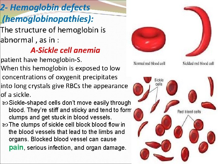 2 - Hemoglobin defects (hemoglobinopathies): The structure of hemoglobin is abnormal , as in