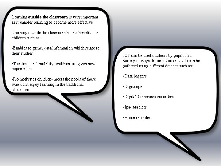 Learning outside the classroom is very important as it enables learning to become more