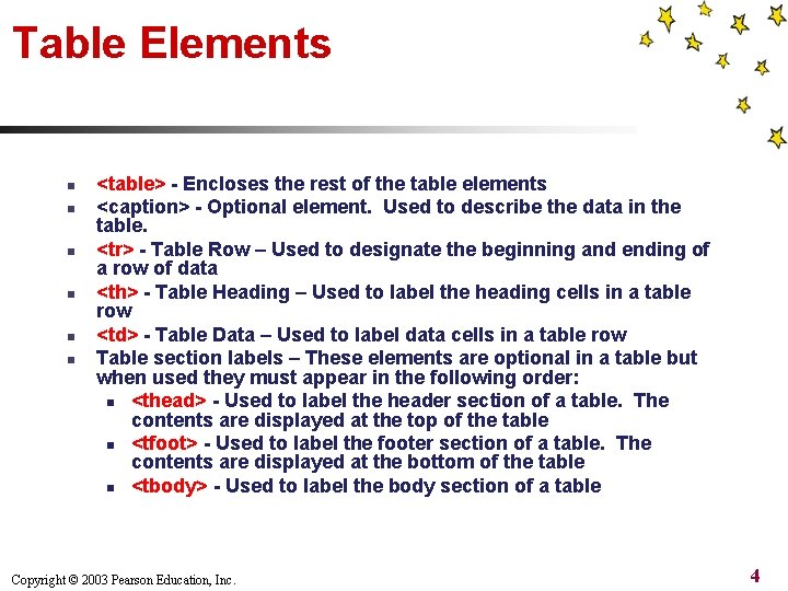 Table Elements n n n <table> - Encloses the rest of the table elements Table Elements n n n <table> - Encloses the rest of the table elements