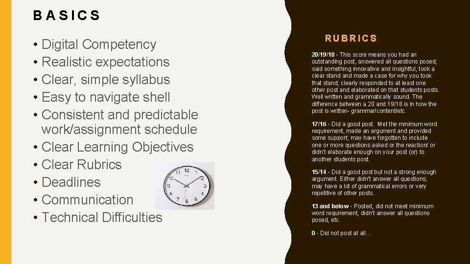 BASICS • • • Digital Competency Realistic expectations Clear, simple syllabus Easy to navigate