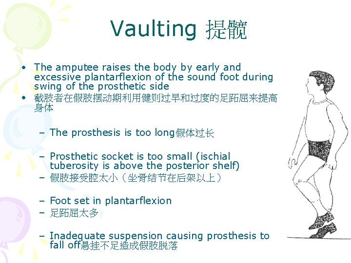 Vaulting 提髋 • The amputee raises the body by early and excessive plantarflexion of